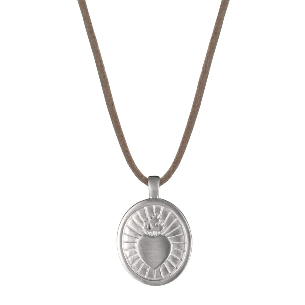 Men's Sterling Silver Large Heart with Flames Pendant on Natural Cord