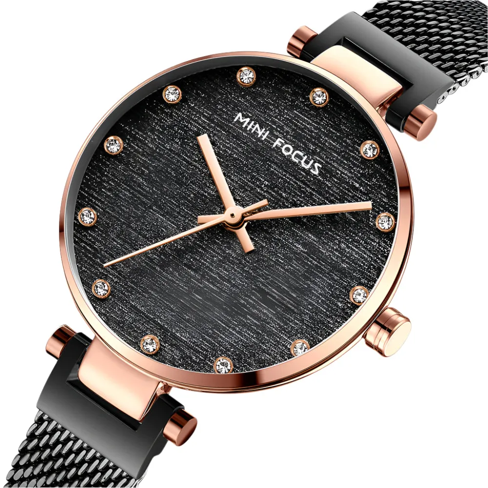 Mini Focus Black Mesh Bracelet Black Dial Quartz Watch for Ladies - MF0328L-05