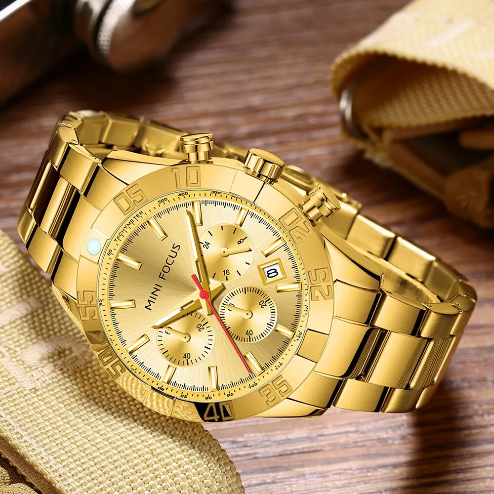 MINI FOCUS Luxury Gold Watch Fashion Sport Quartz Wristwatch Stainless Steel Male Military Waterproof Relogio Masculino