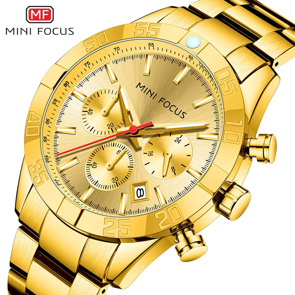 MINI FOCUS Luxury Gold Watch Fashion Sport Quartz Wristwatch Stainless Steel Male Military Waterproof Relogio Masculino