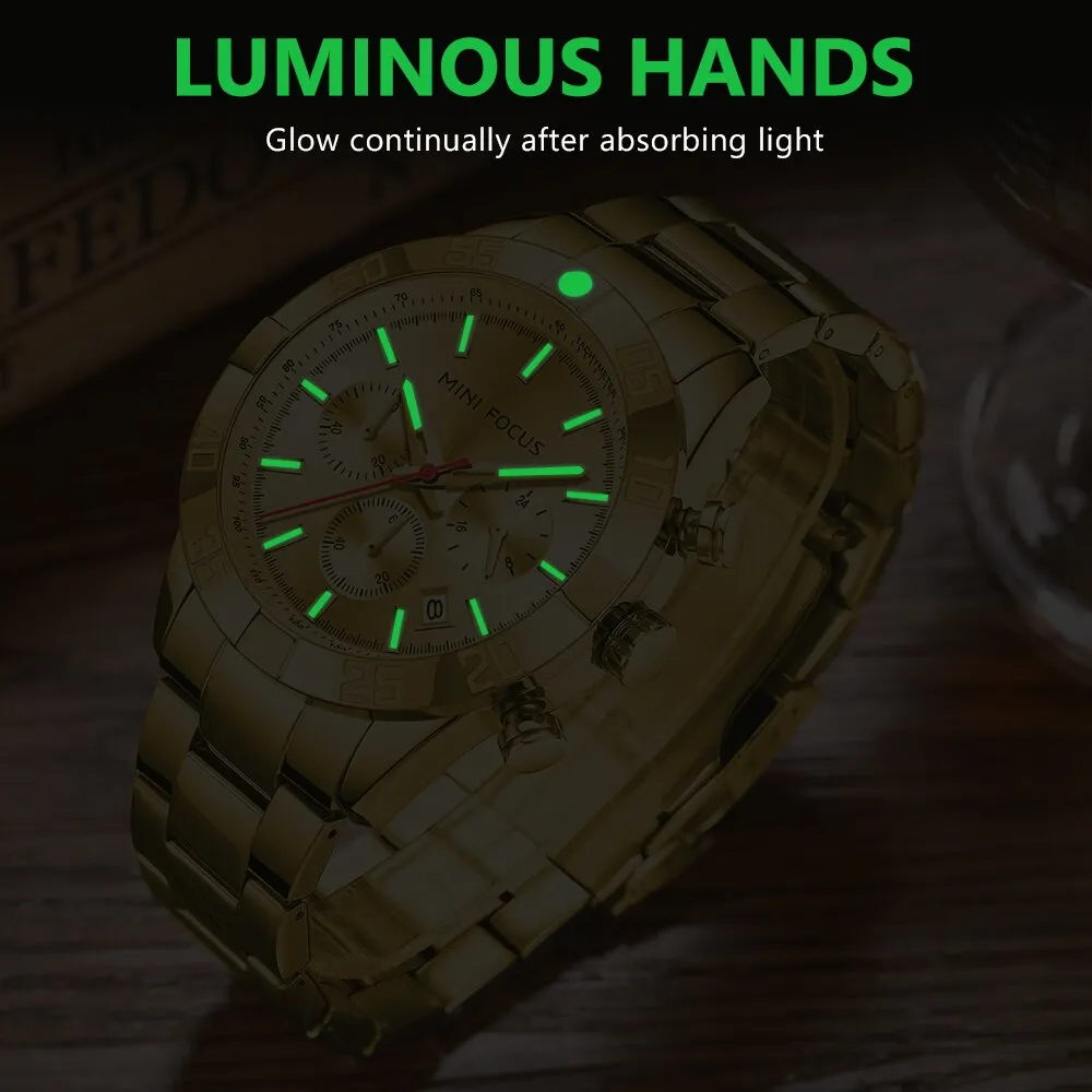 MINI FOCUS Luxury Gold Watch Fashion Sport Quartz Wristwatch Stainless Steel Male Military Waterproof Relogio Masculino
