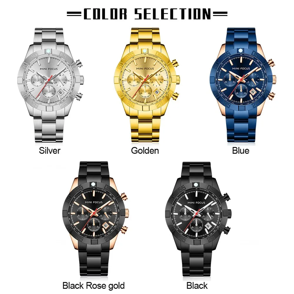 MINI FOCUS Luxury Gold Watch Fashion Sport Quartz Wristwatch Stainless Steel Male Military Waterproof Relogio Masculino