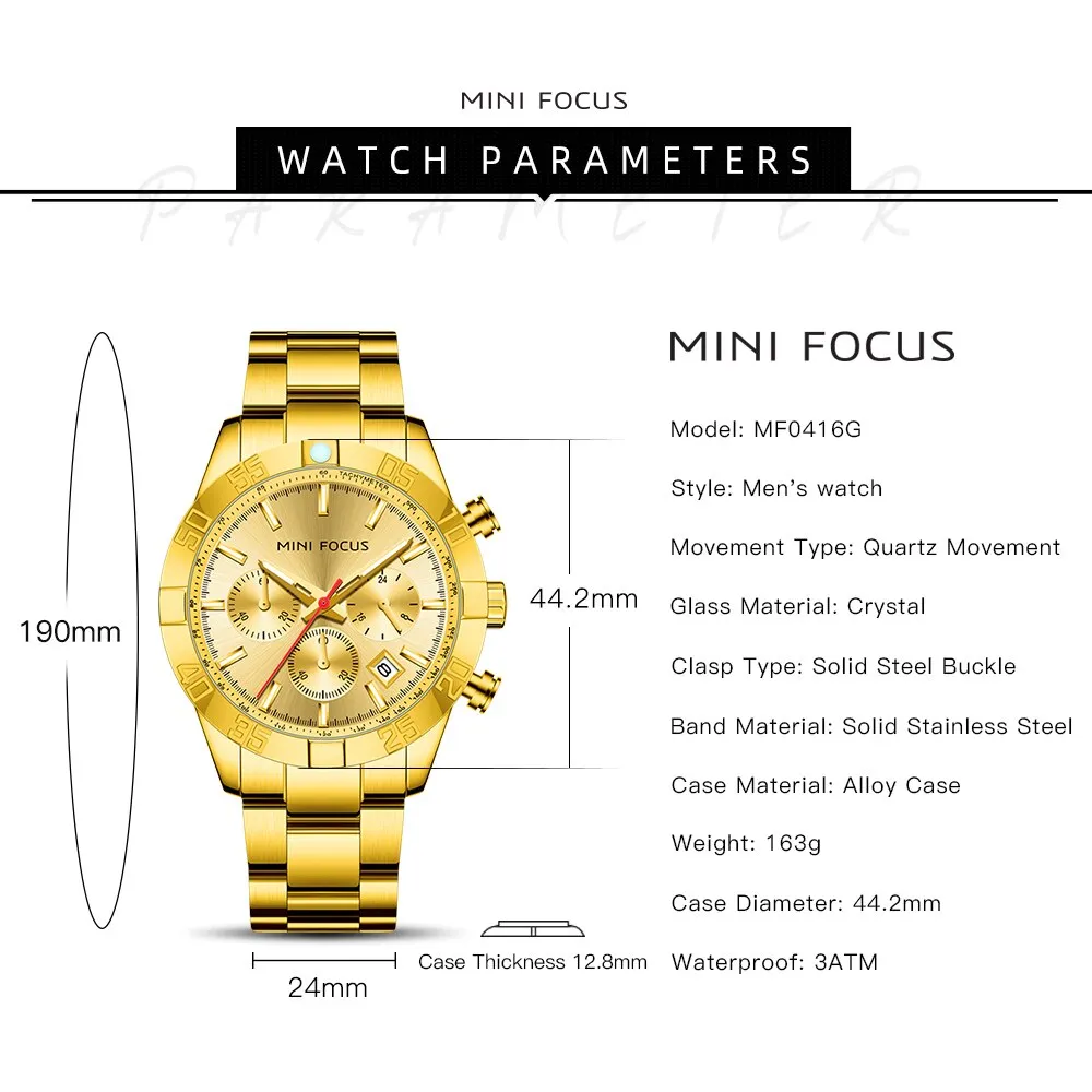 MINI FOCUS Luxury Gold Watch Fashion Sport Quartz Wristwatch Stainless Steel Male Military Waterproof Relogio Masculino