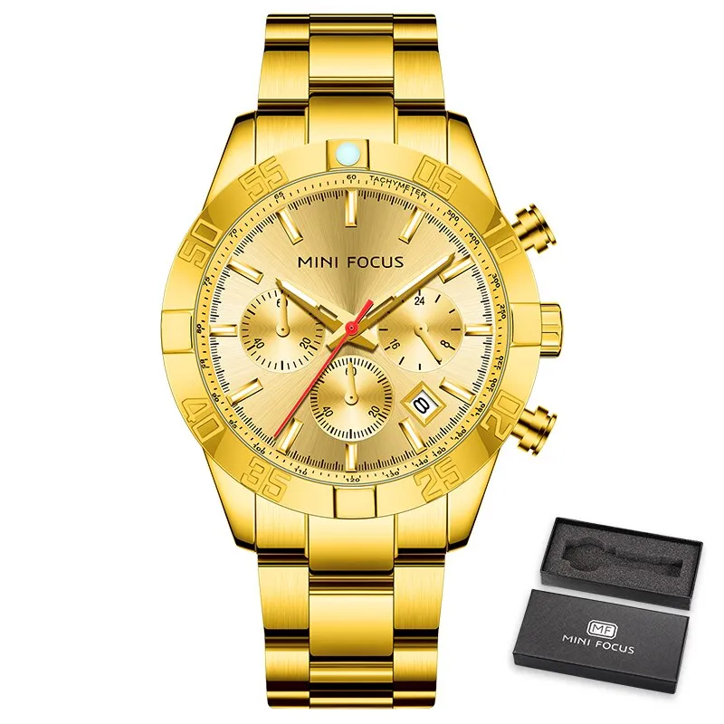 MINI FOCUS Luxury Gold Watch Fashion Sport Quartz Wristwatch Stainless Steel Male Military Waterproof Relogio Masculino