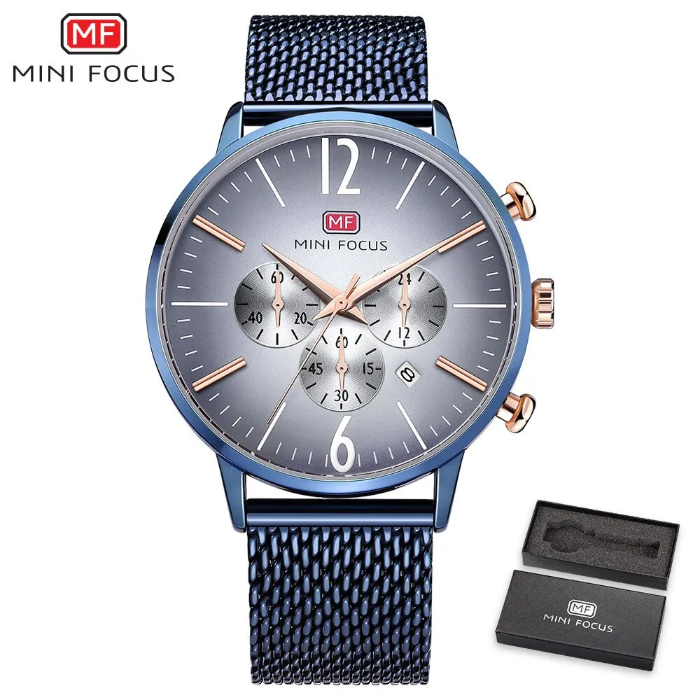 MINI FOCUS Luxury Men Watches Top Brand Steel Mesh Belt Sports Fashion Multi-Function Military Army Chronograph Quartz Watch
