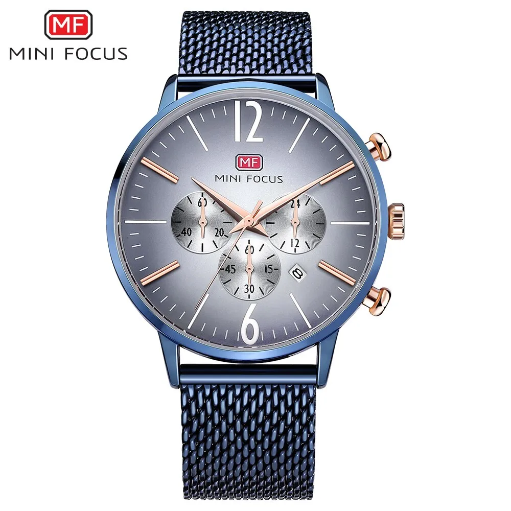 MINI FOCUS Luxury Men Watches Top Brand Steel Mesh Belt Sports Fashion Multi-Function Military Army Chronograph Quartz Watch
