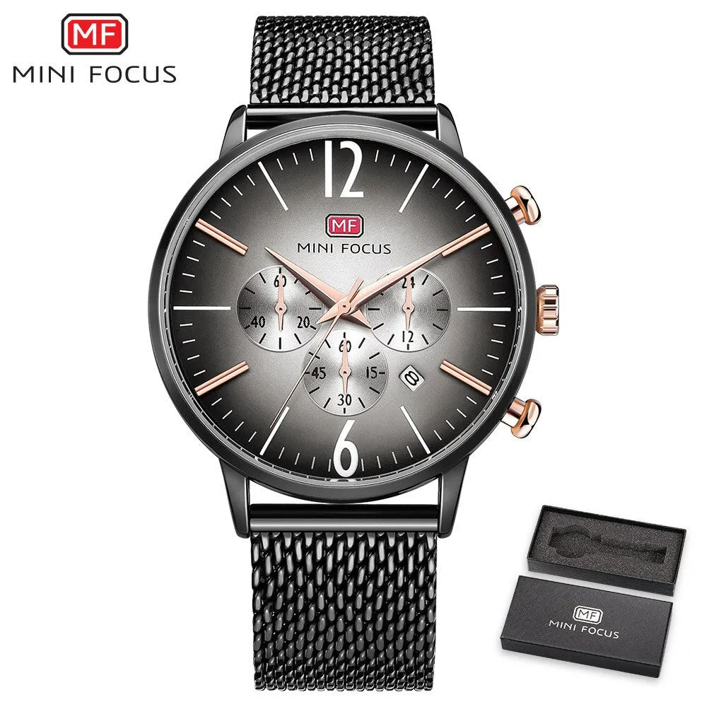 MINI FOCUS Luxury Men Watches Top Brand Steel Mesh Belt Sports Fashion Multi-Function Military Army Chronograph Quartz Watch