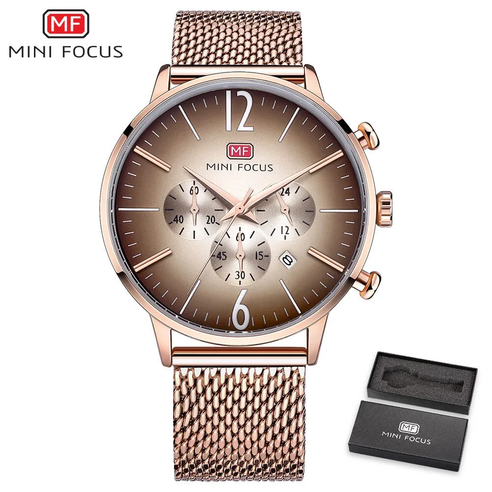 MINI FOCUS Luxury Men Watches Top Brand Steel Mesh Belt Sports Fashion Multi-Function Military Army Chronograph Quartz Watch