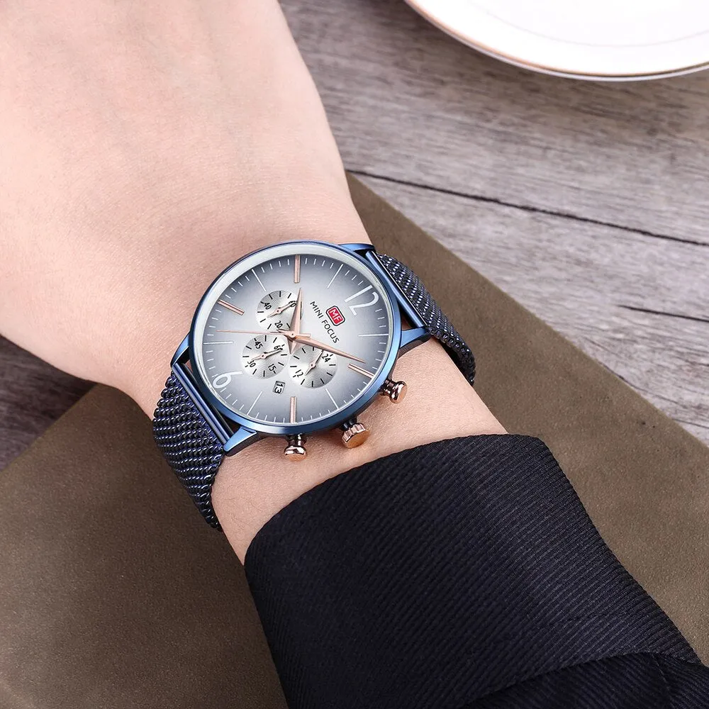 MINI FOCUS Luxury Men Watches Top Brand Steel Mesh Belt Sports Fashion Multi-Function Military Army Chronograph Quartz Watch