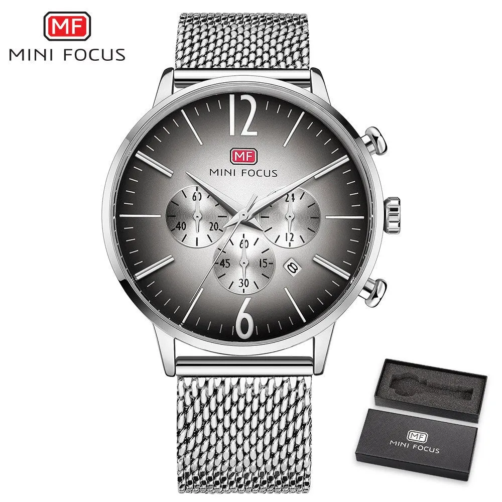 MINI FOCUS Luxury Men Watches Top Brand Steel Mesh Belt Sports Fashion Multi-Function Military Army Chronograph Quartz Watch