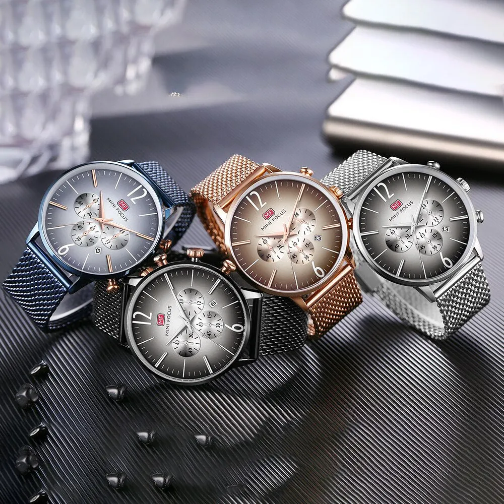 MINI FOCUS Luxury Men Watches Top Brand Steel Mesh Belt Sports Fashion Multi-Function Military Army Chronograph Quartz Watch