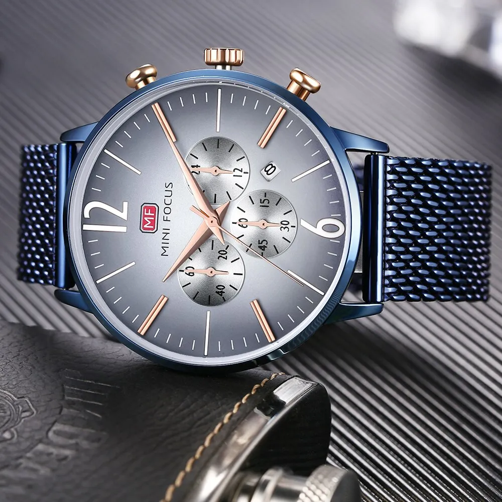 MINI FOCUS Luxury Men Watches Top Brand Steel Mesh Belt Sports Fashion Multi-Function Military Army Chronograph Quartz Watch