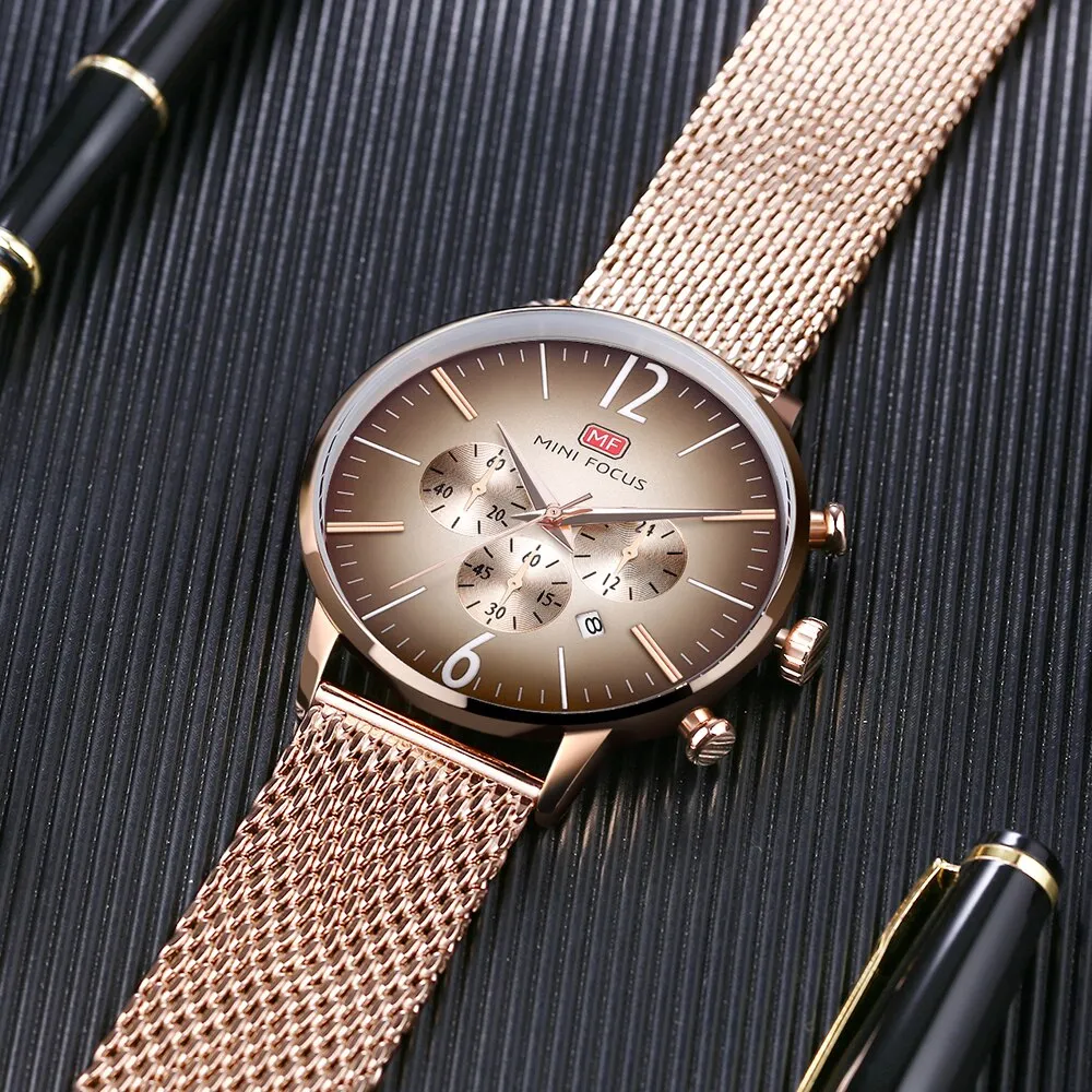 MINI FOCUS Luxury Men Watches Top Brand Steel Mesh Belt Sports Fashion Multi-Function Military Army Chronograph Quartz Watch