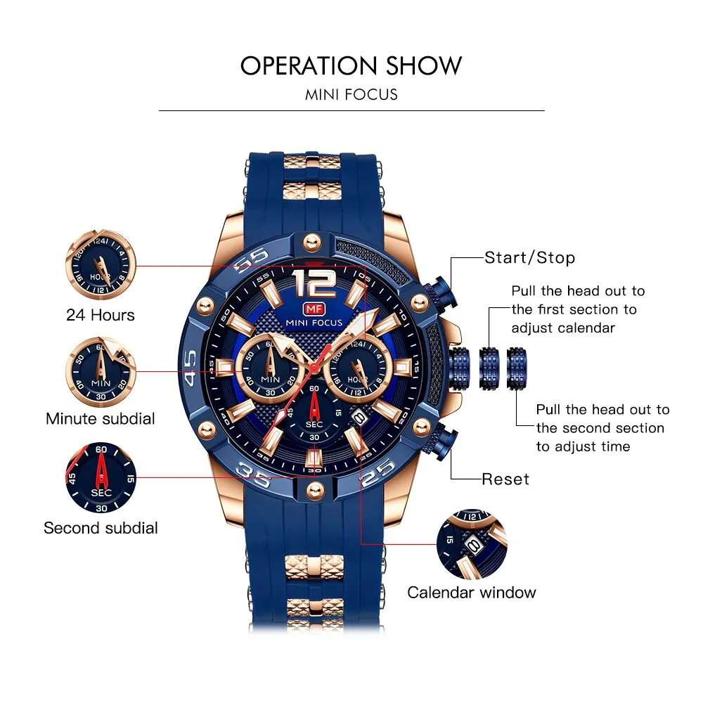 MINI FOCUS Men Sport Watch Chronograph Silicone Straps Quartz Army Military Men Date Watches Male Clock Hour Relogio Masculino
