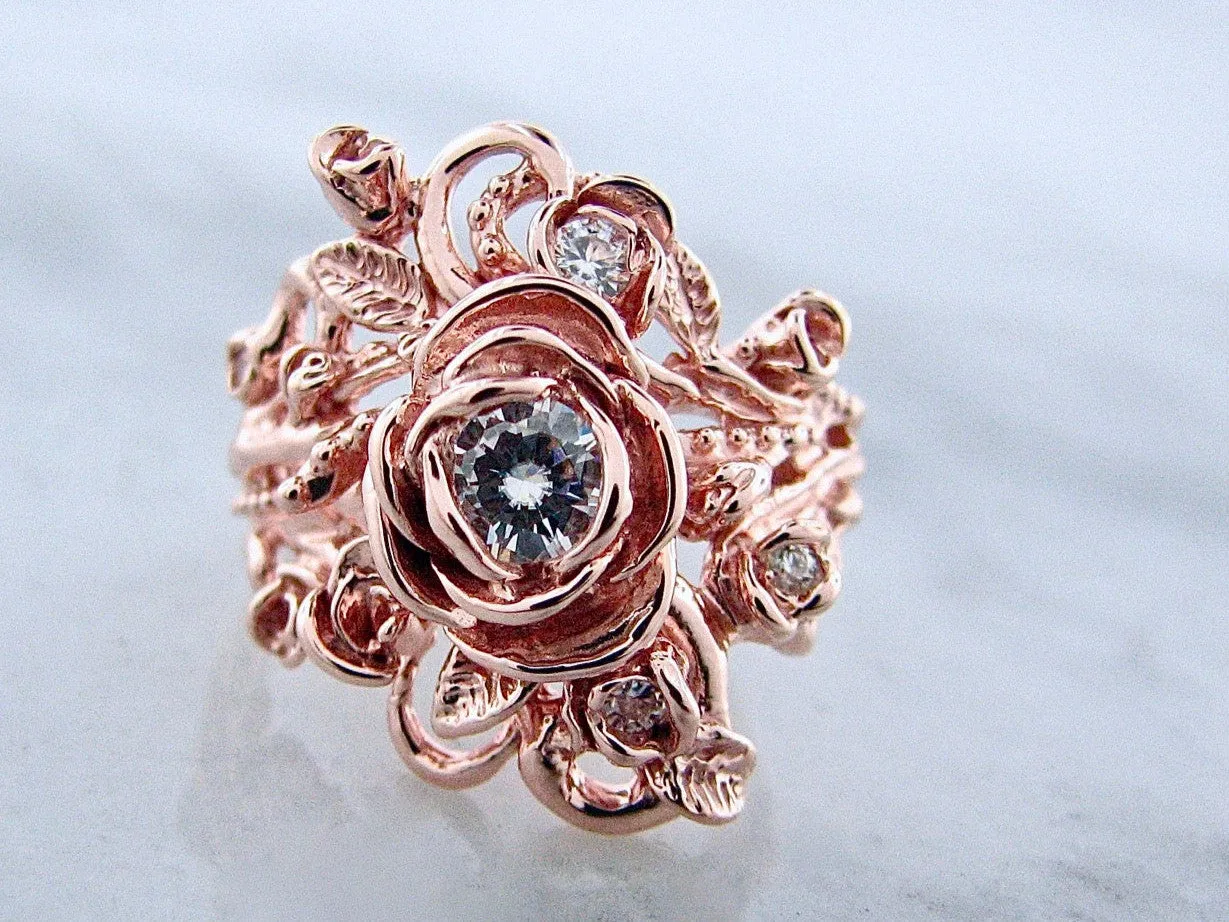 Moissanite Rose Gold Wedding Set, Jane Rose Ring