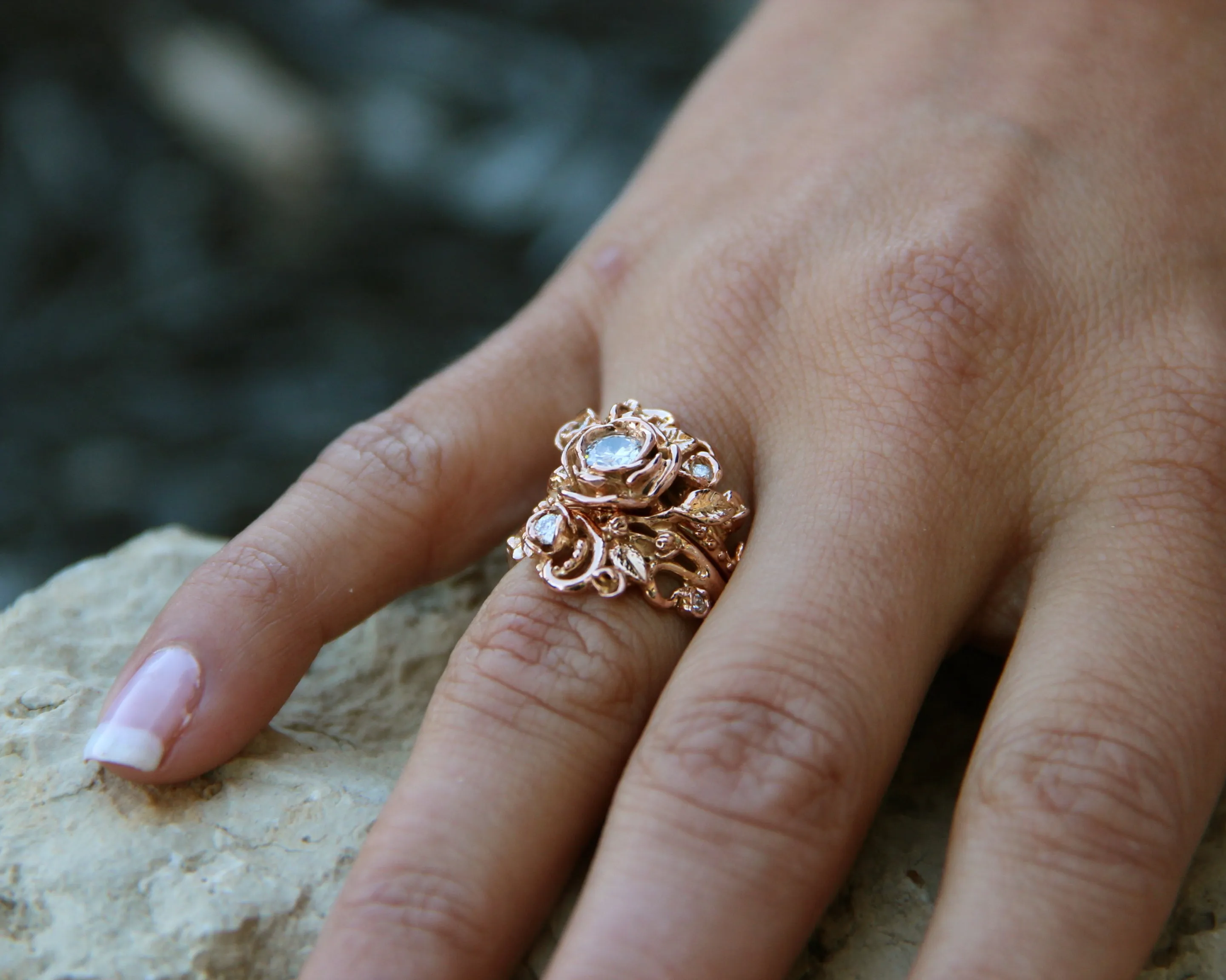 Moissanite Rose Gold Wedding Set, Jane Rose Ring