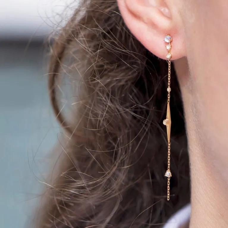 Moonstone, Diamond, and "Sun Beam" Spike Chain Earrings