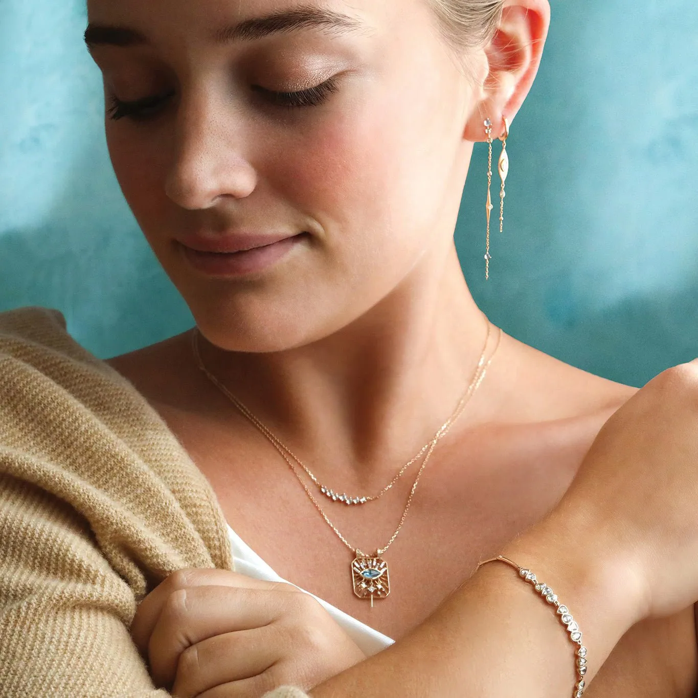 Moonstone, Diamond, and "Sun Beam" Spike Chain Earrings