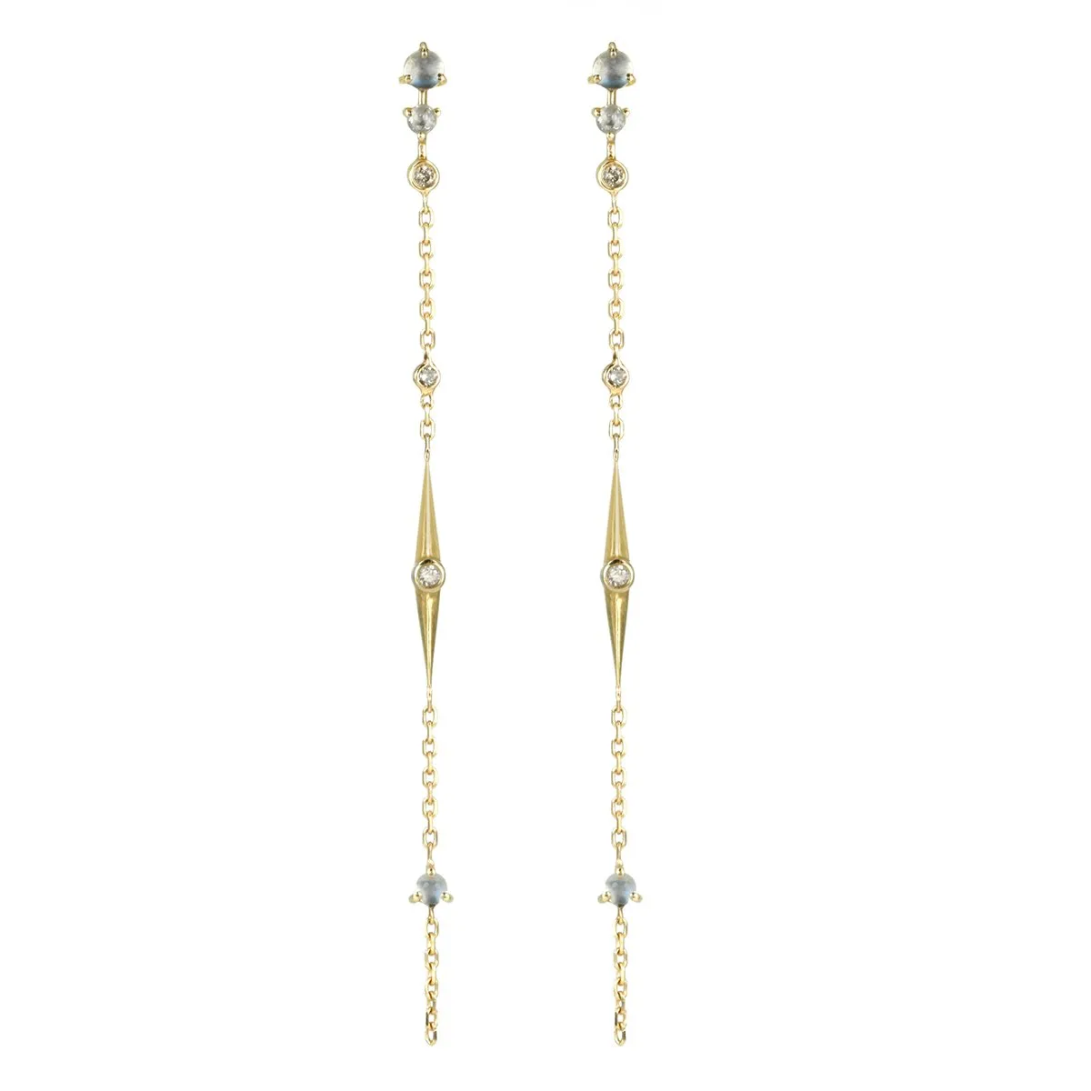 Moonstone, Diamond, and "Sun Beam" Spike Chain Earrings