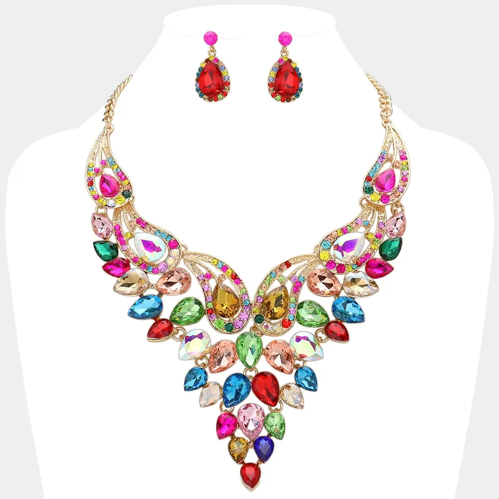 Multi-Color Teardrop Stone Evening Necklace Set  | Crystal Statement Necklace Set |  641543
