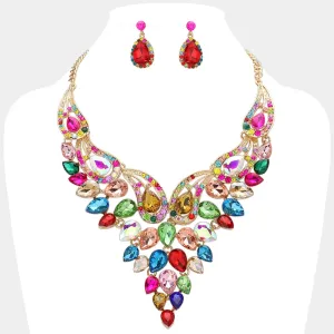 Multi-Color Teardrop Stone Evening Necklace Set  | Crystal Statement Necklace Set |  641543