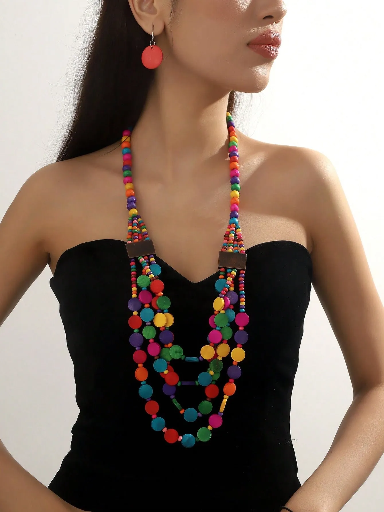 Multi Color Wooden Bead Layered Necklace & Earring Set