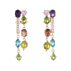 Multi Gemstone Drop Earrings Estate 14k Yellow Gold Peridot Amethyst Blue Topaz