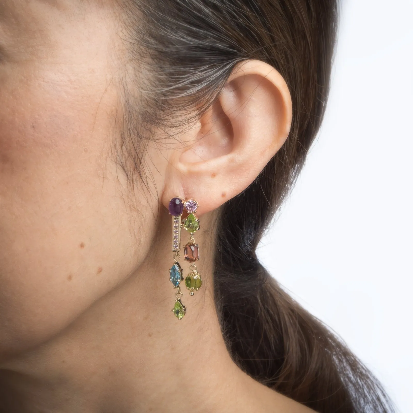 Multi Gemstone Drop Earrings Estate 14k Yellow Gold Peridot Amethyst Blue Topaz