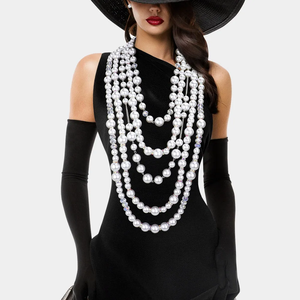 Multi-Layered Long Pearl Statement Necklace Set