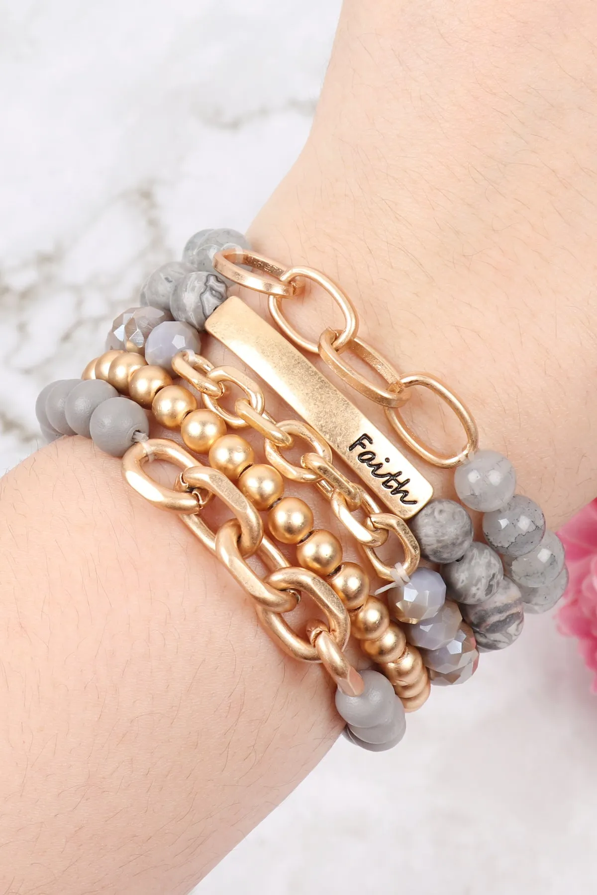 MULTI LINE FAITH CHARM BEADED BRACELET