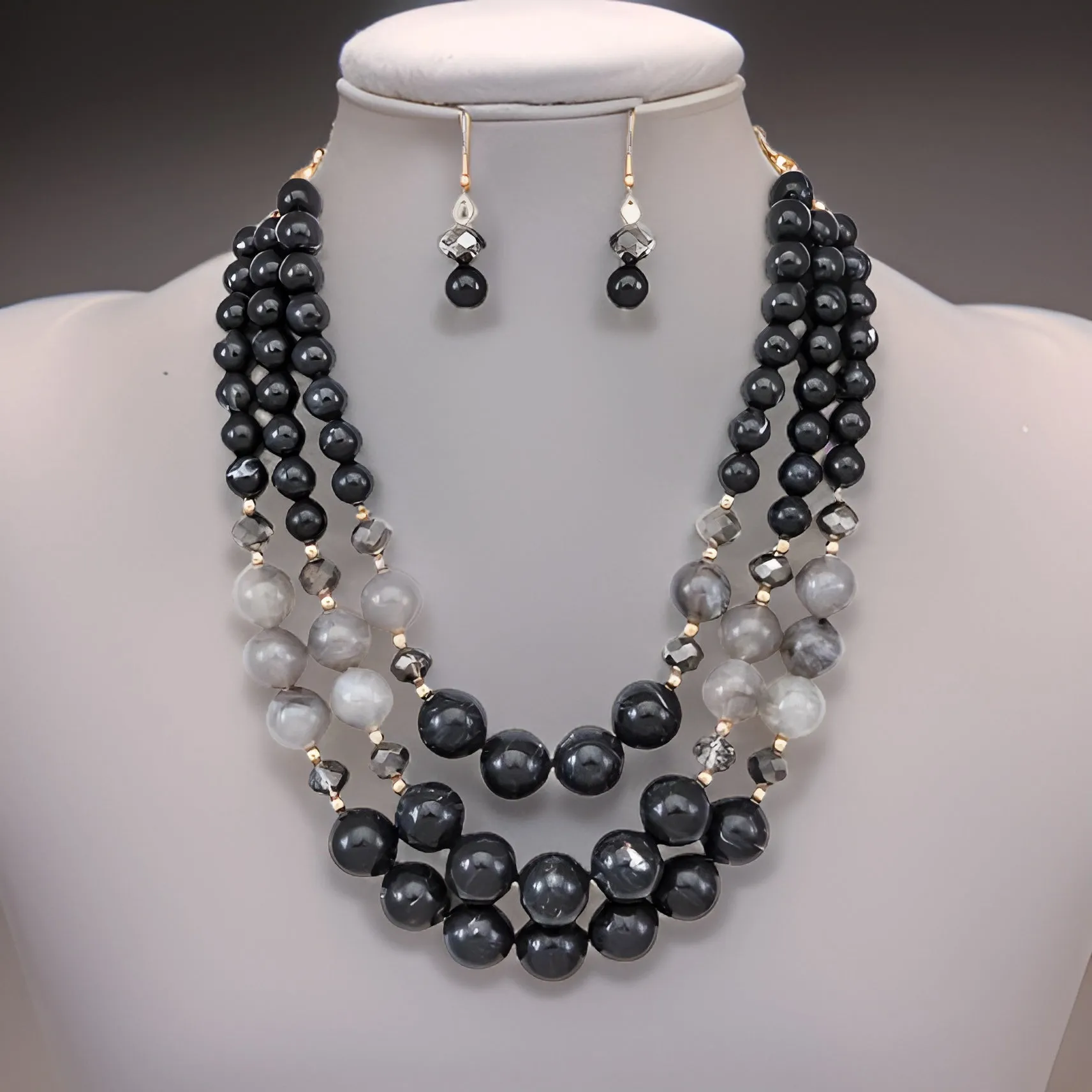 Multi-Tone Black Layered Beaded Necklace & Earring Set