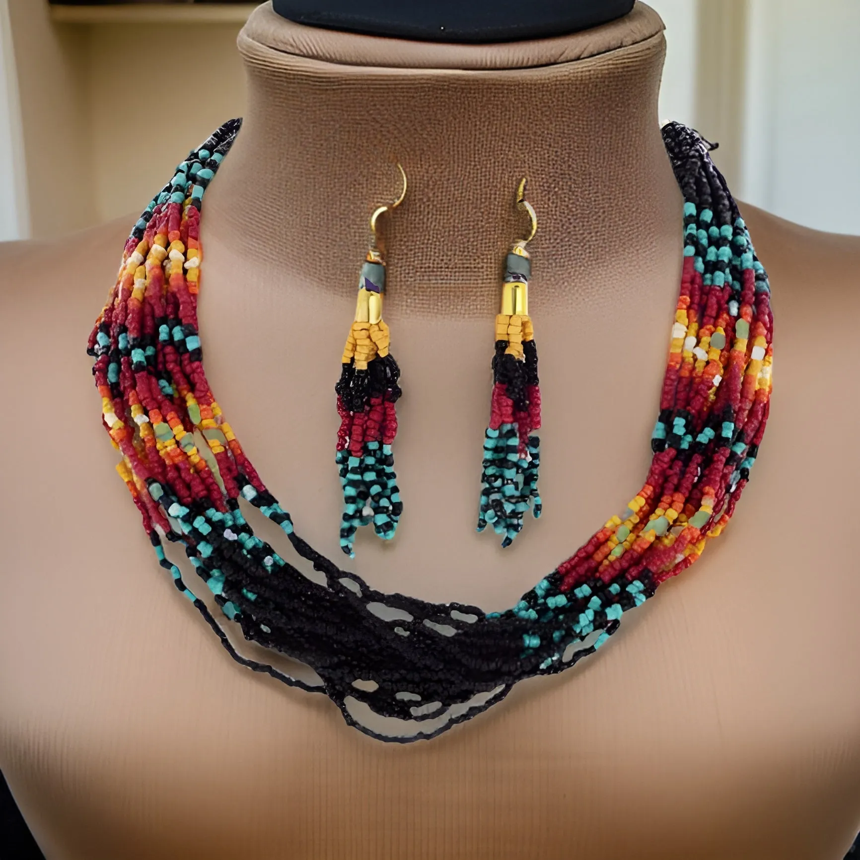 Native Style Beaded Multi Strand Layered Necklace Earring Set