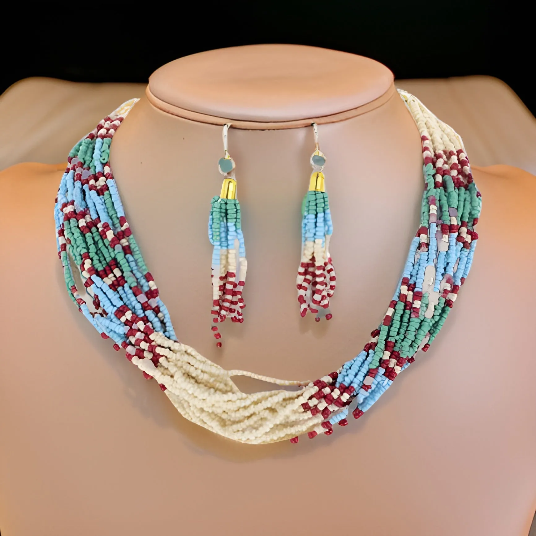 Native Style Beaded Multi Strand Layered Necklace Earring Set