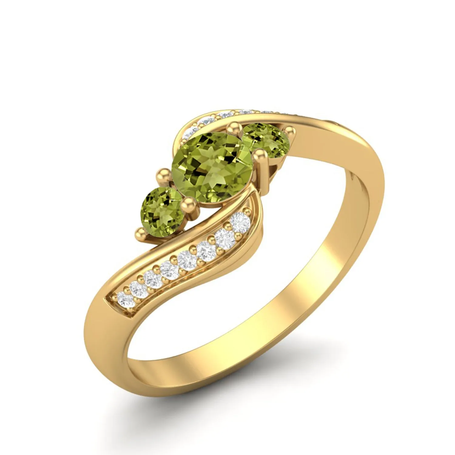 Natural Peridot Gemstone Ring 925 Sterling Silver Three Stone Bypass Wedding Ring