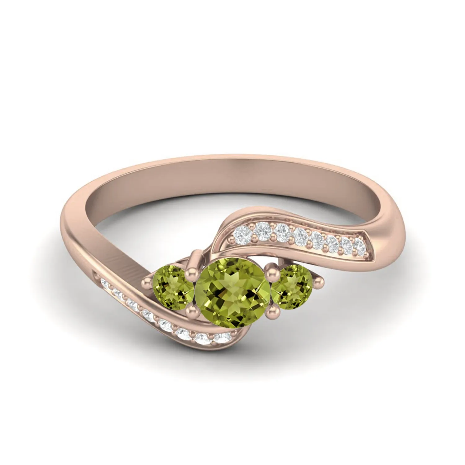 Natural Peridot Gemstone Ring 925 Sterling Silver Three Stone Bypass Wedding Ring