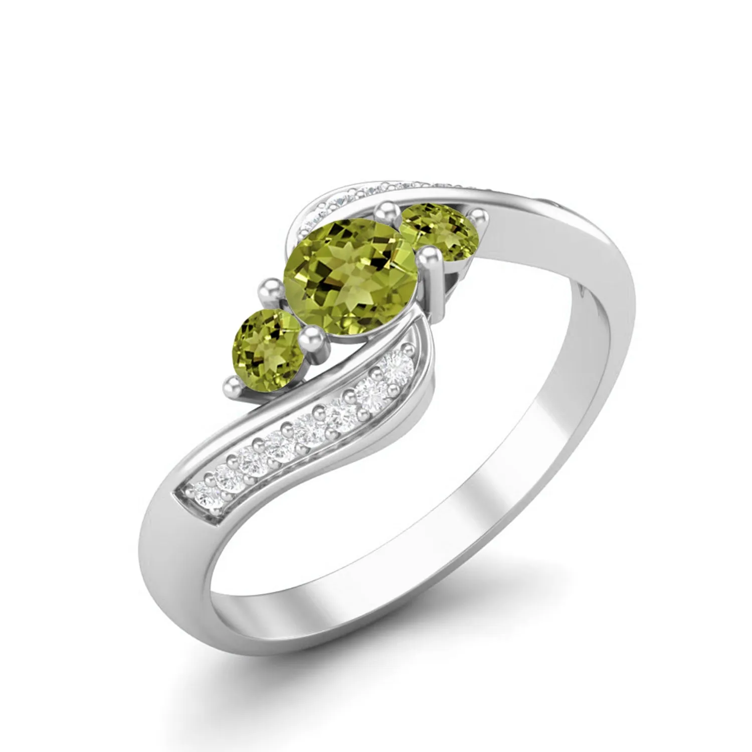Natural Peridot Gemstone Ring 925 Sterling Silver Three Stone Bypass Wedding Ring