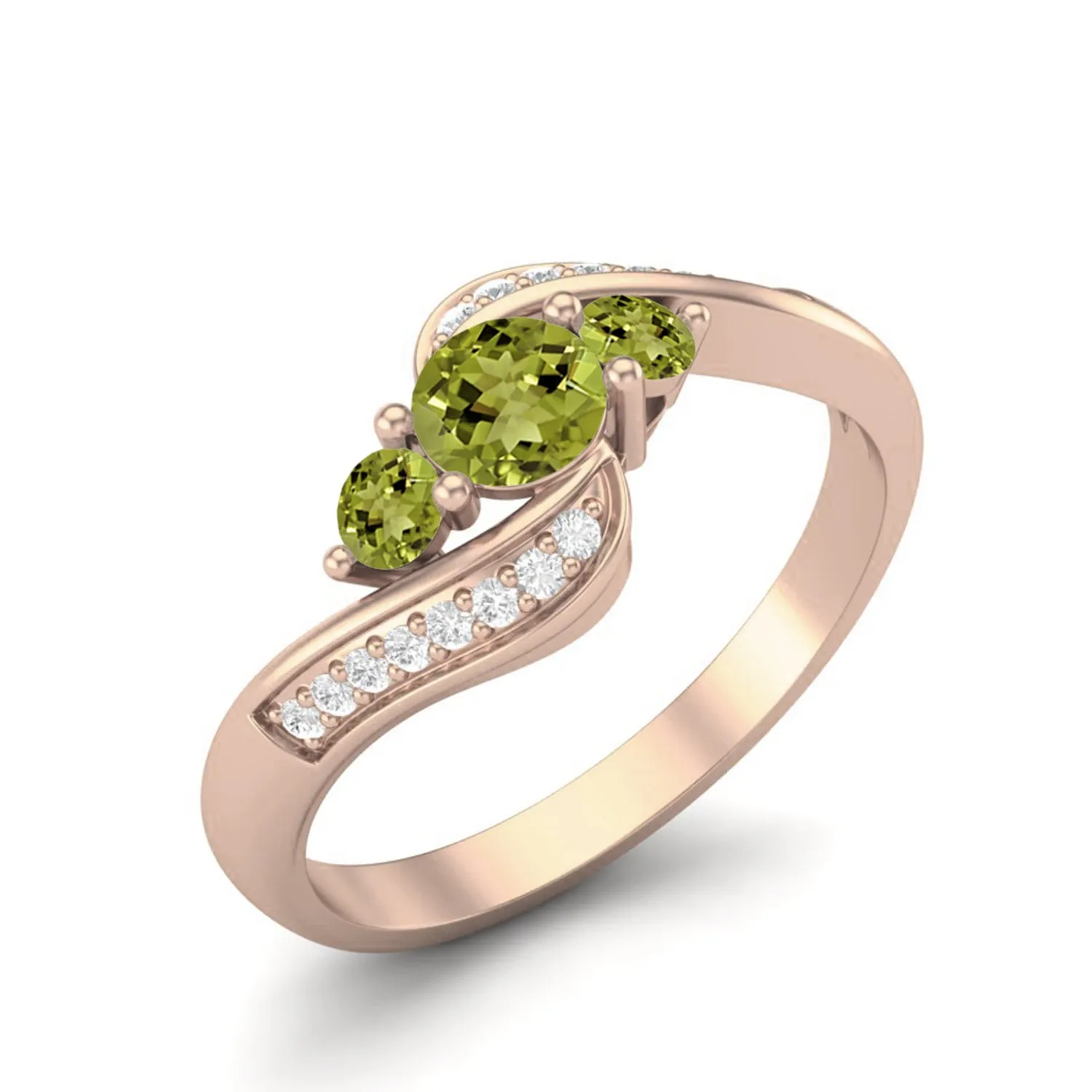Natural Peridot Gemstone Ring 925 Sterling Silver Three Stone Bypass Wedding Ring