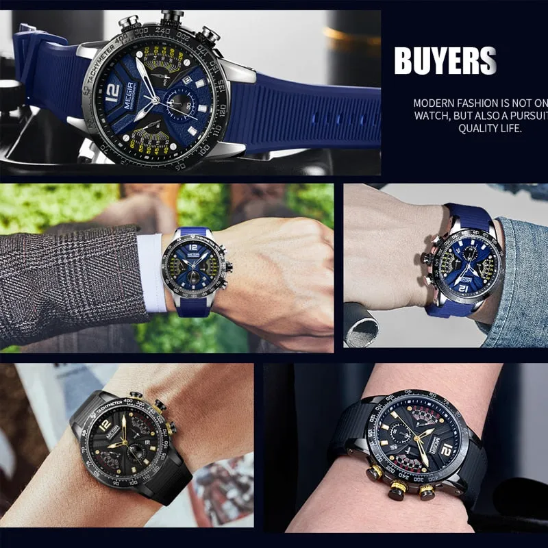New MEGIR Watch Men Luxury Brand Silicone Sport Chronograph Quartz Clock Mens Watches Waterproof Date Military Wrist Watch