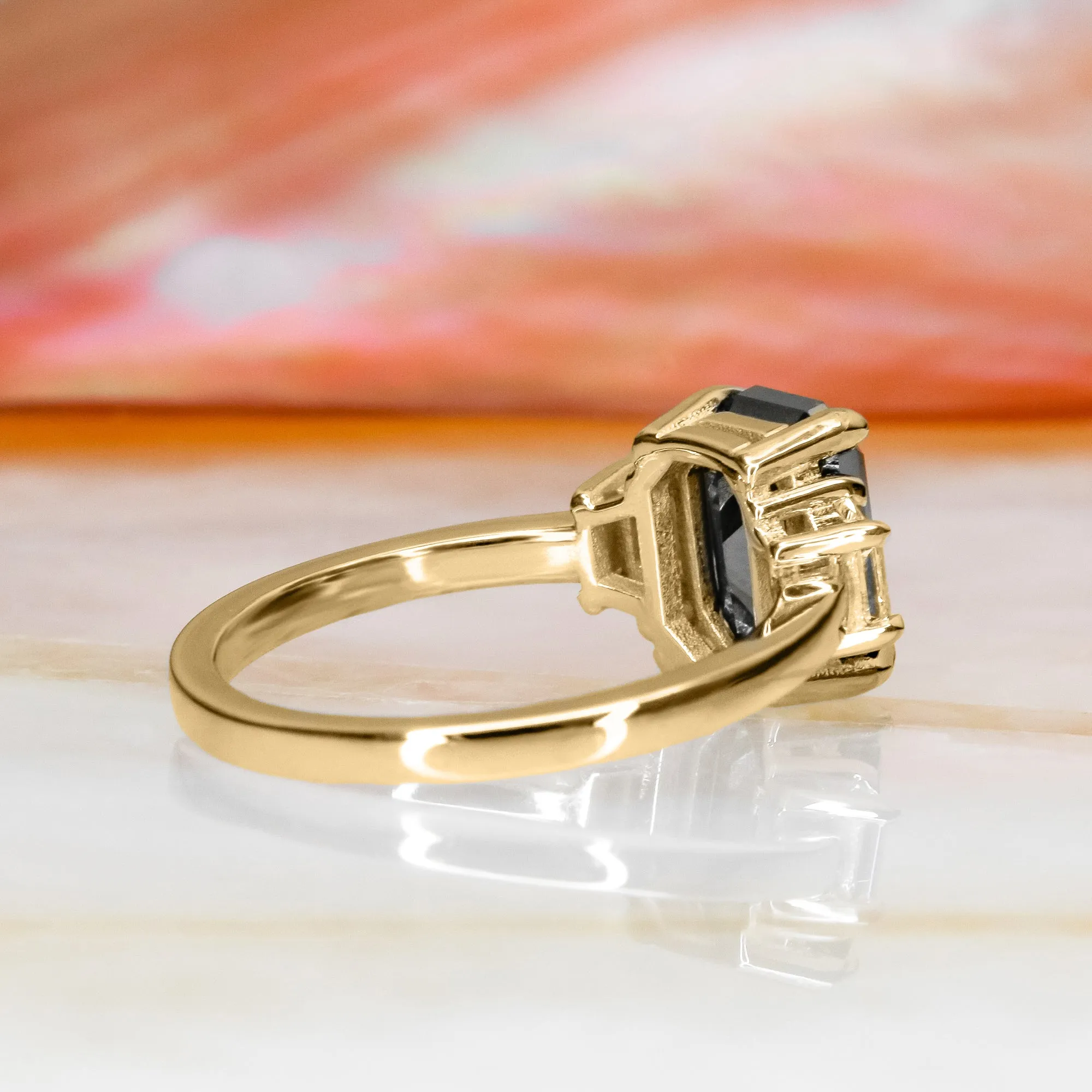 Noir Romance Art Deco Black & White Natural Diamond Emerald Cut Engagement Ring