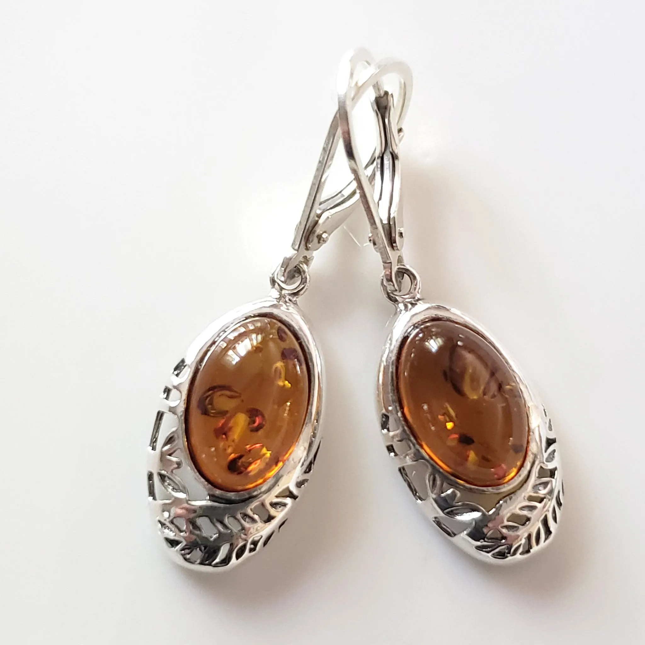Oval Cognac Amber Filigree Silver Earrings