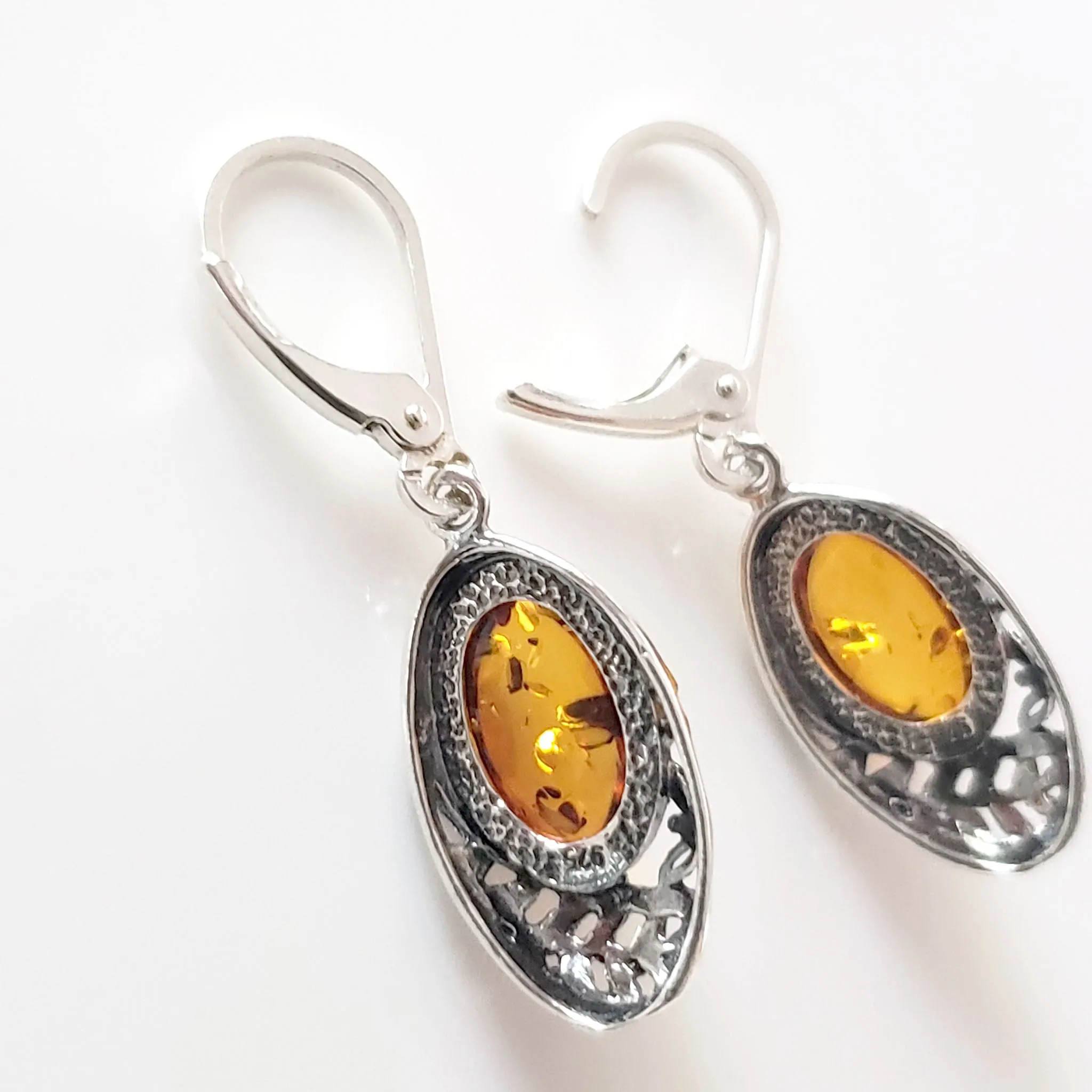 Oval Cognac Amber Filigree Silver Earrings