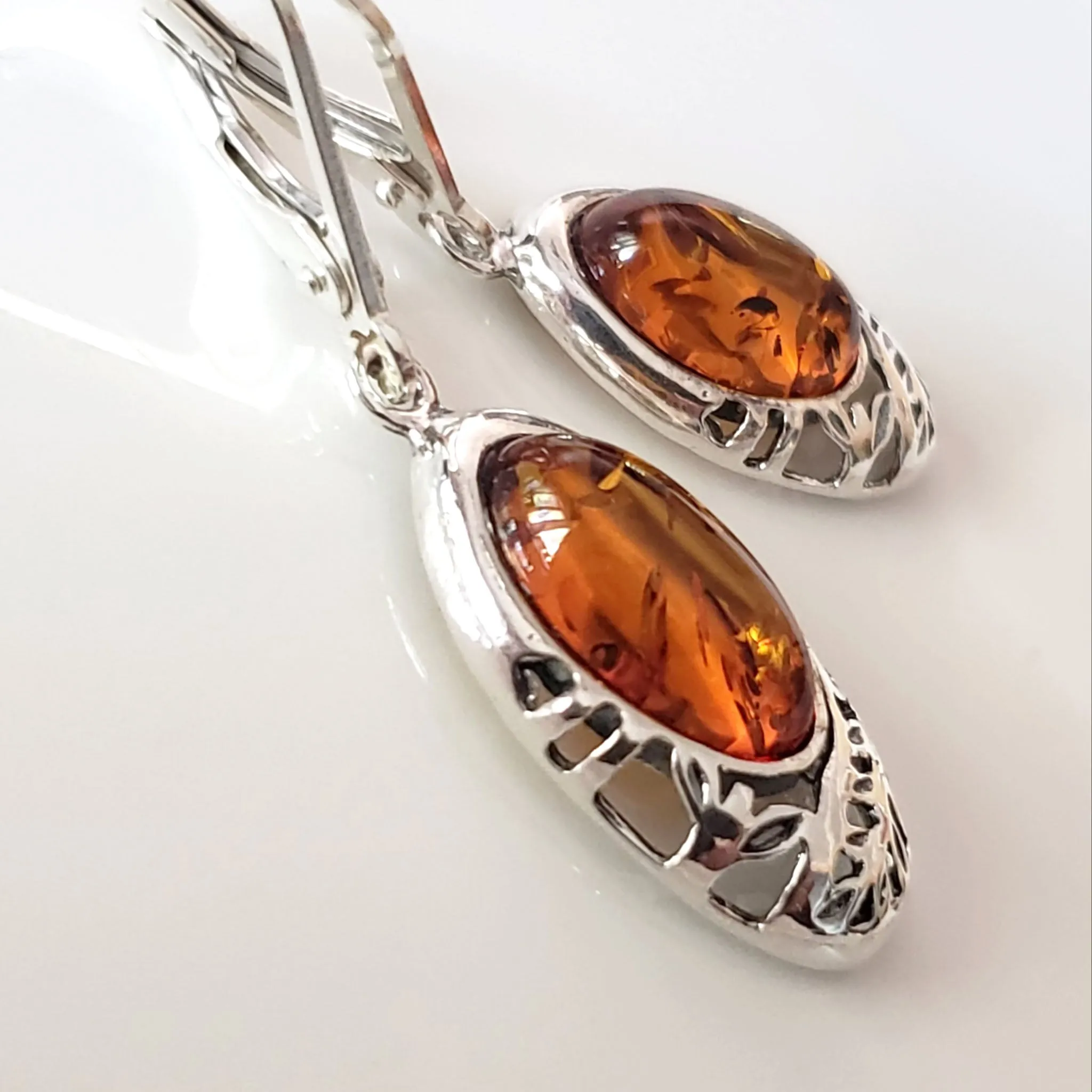 Oval Cognac Amber Filigree Silver Earrings