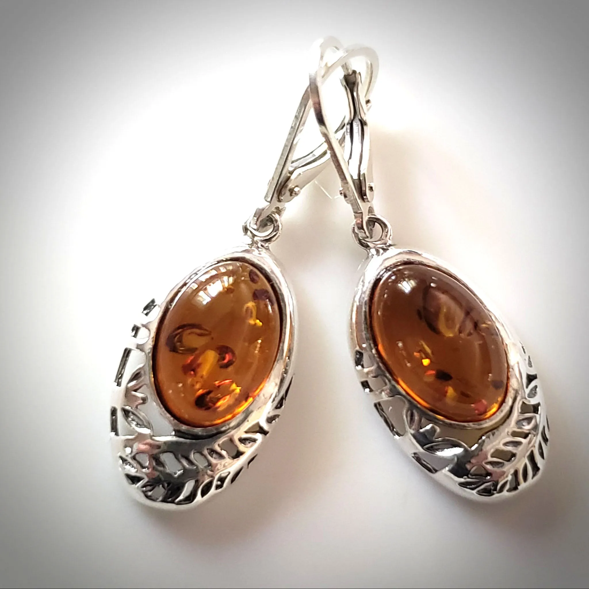 Oval Cognac Amber Filigree Silver Earrings