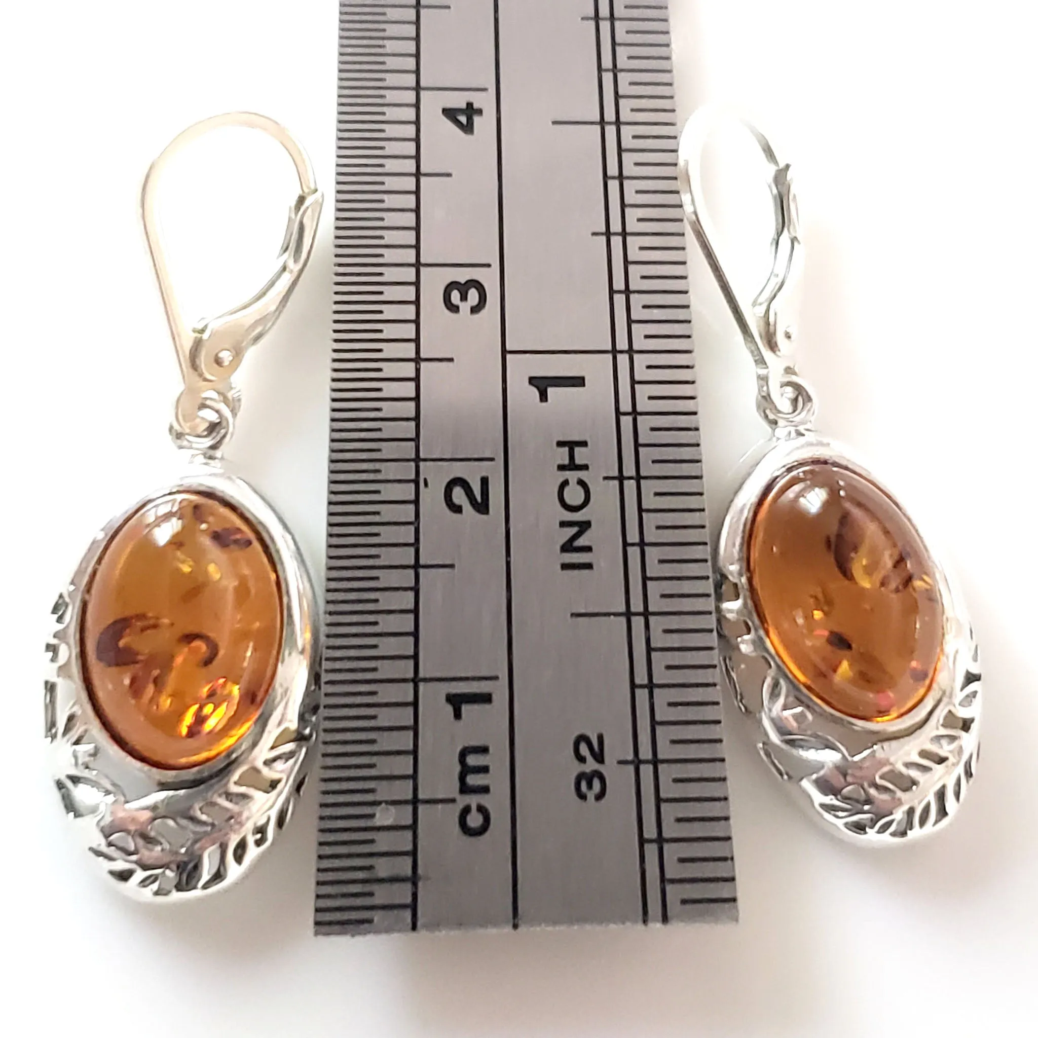 Oval Cognac Amber Filigree Silver Earrings
