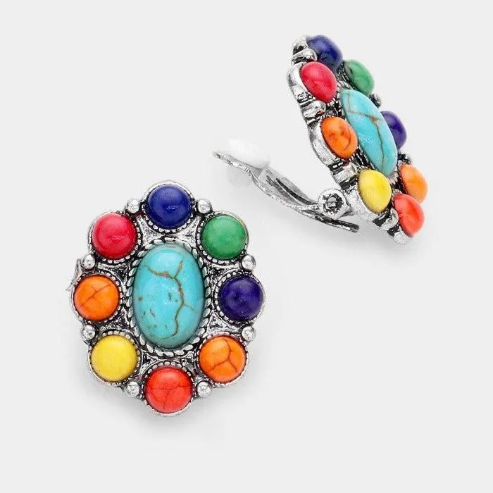 Oval Multi Colored Natural Stone Clip On Earrings