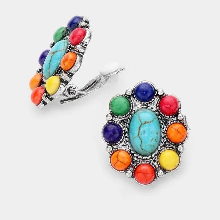 Oval Multi Colored Natural Stone Clip On Earrings