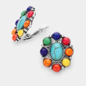 Oval Multi Colored Natural Stone Clip On Earrings