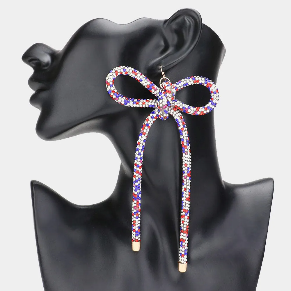 Oversized Long Multi-Color Studded Bow Fun Fashion Earrings  | Runway Earrings |  629897