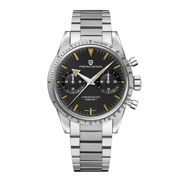 Pagani Design Silver Stainless Steel Black Dial Chronograph Quartz Watch for Gents - PD1766