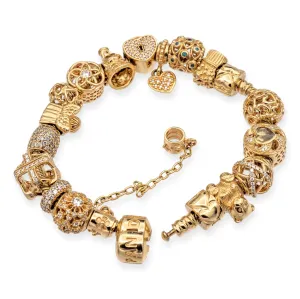 Pandora 14K Yellow Solid Gold Moments 19 Charms Snake Chain Bracelet 7" Long